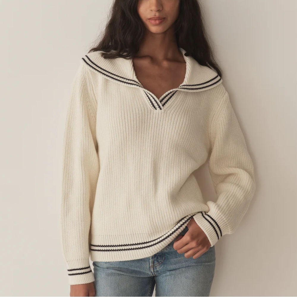 Doen Voyage Sweater NWT Cream Sailor Collar Cotton Wool Blend Timeless L